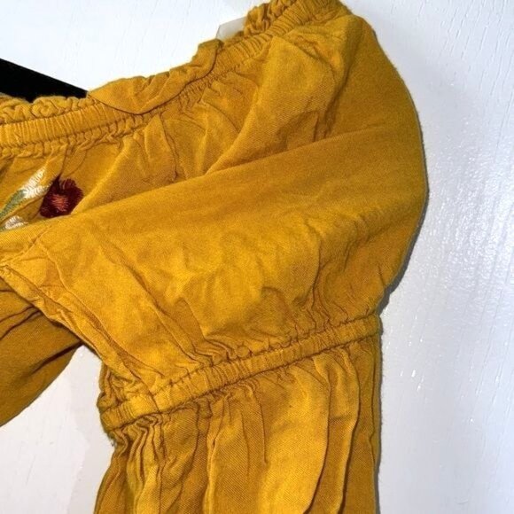 Yellow Floral Embroidered Peasant Blouse Feathers Womens M Cotton - Picture 5 of 8